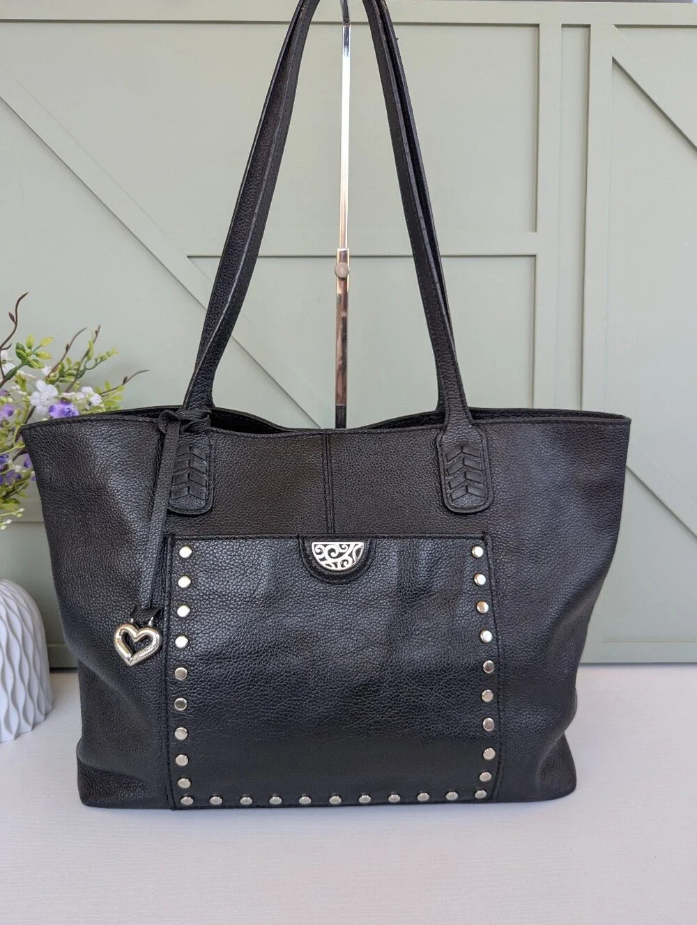 Brighton Black Studded Tote with Heart Charm